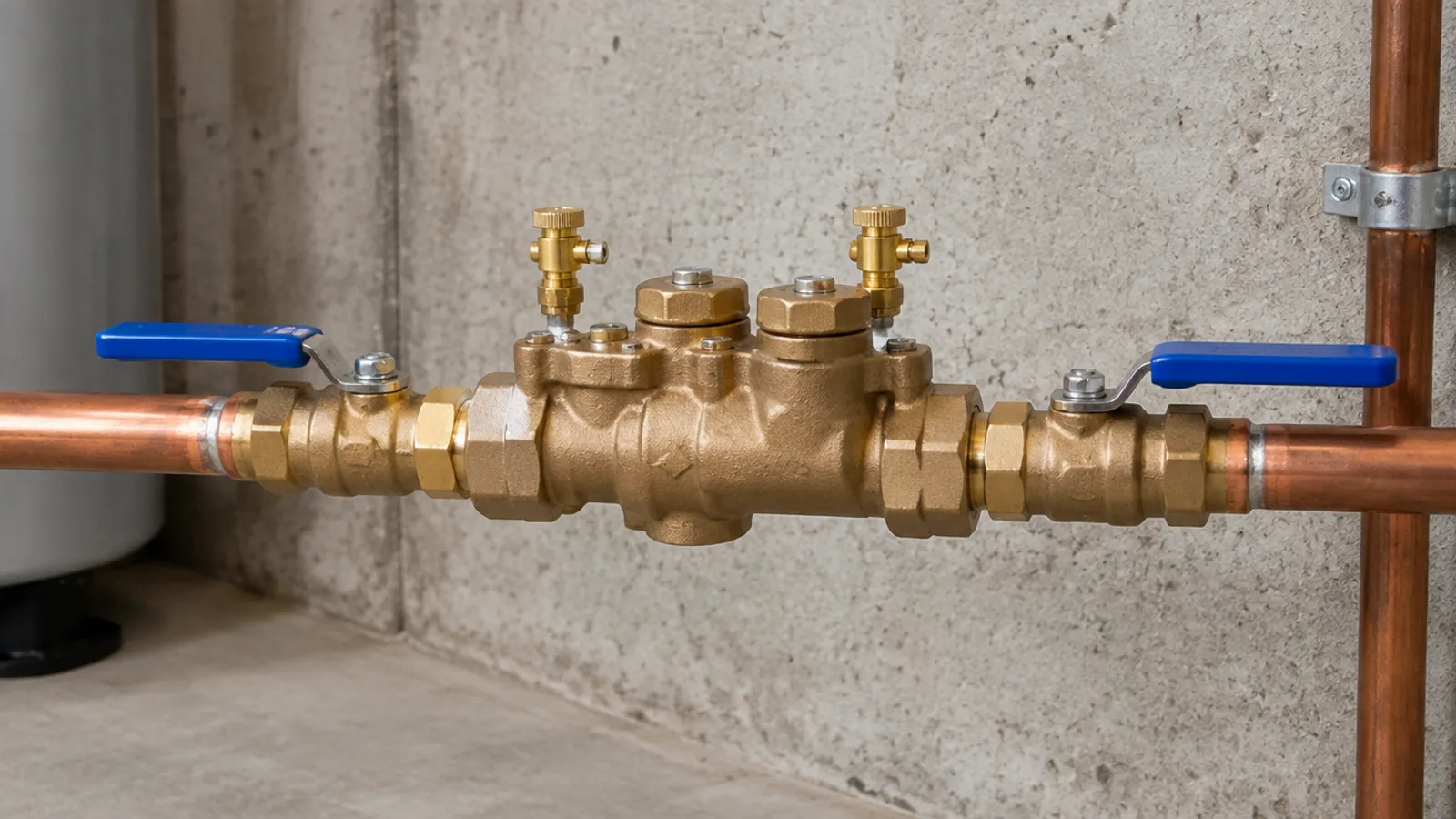 Brass double check valve backflow preventer with two shut-off valves and test cocks installed on a copper water line near a building wall