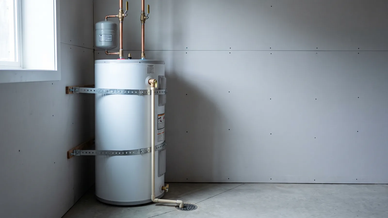 Residential hot water tank strapped to the wall studs with two seismic straps, expansion tank on the cold inlet and a relief-valve discharge pipe running to the floor drain