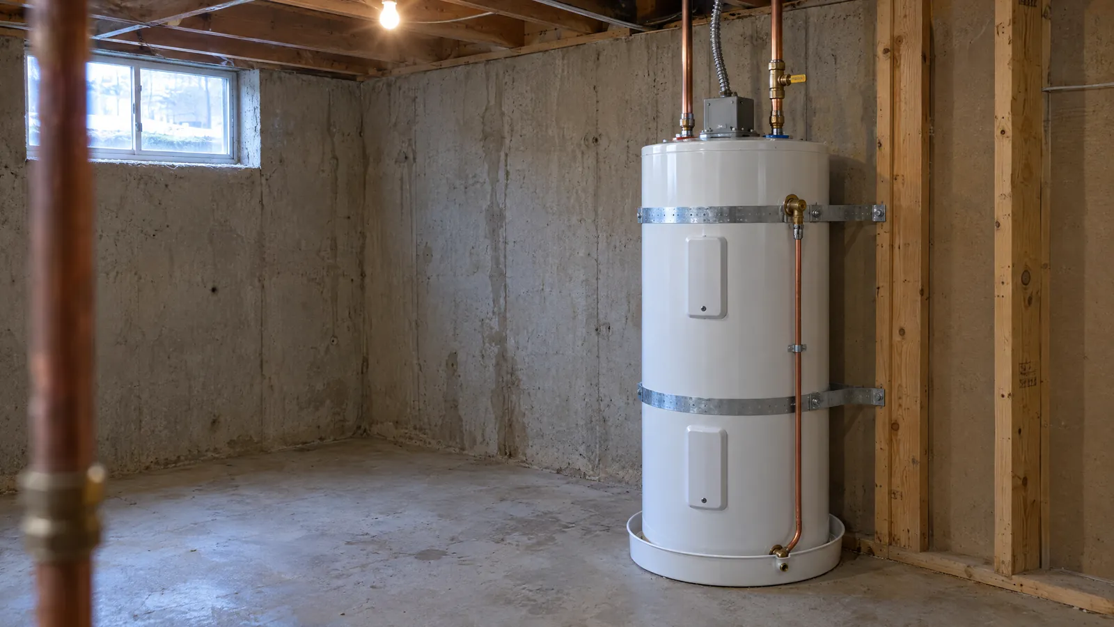 Electric hot water tank strapped to a basement wall in a Coquitlam home, with a drain pan underneath