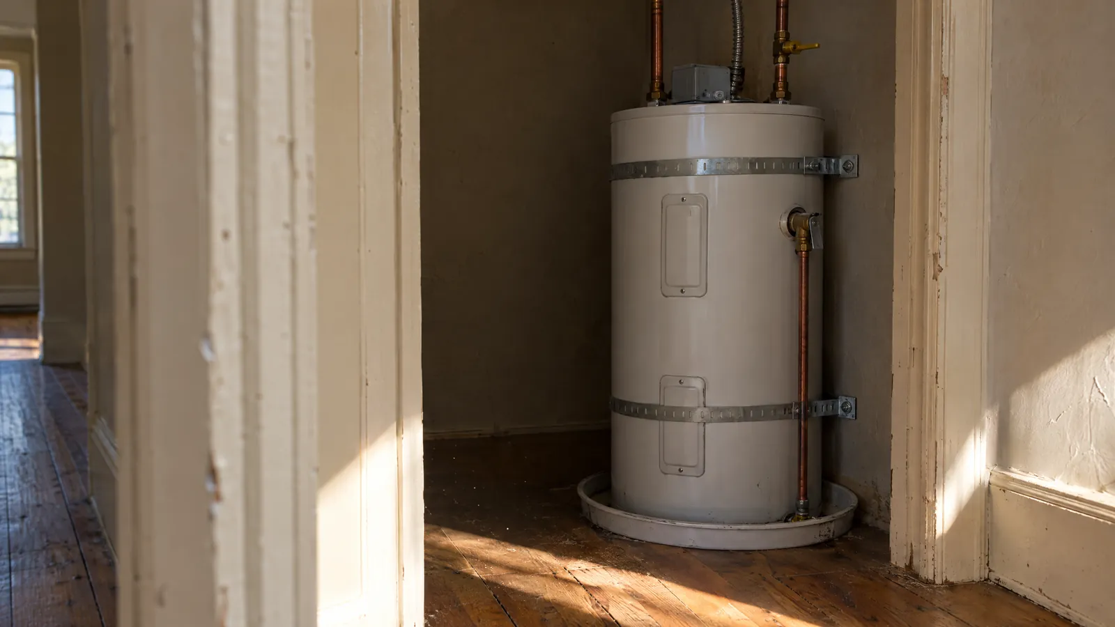 New electric hot water tank installed in a narrow utility closet of an older New Westminster home, strapped to the wall