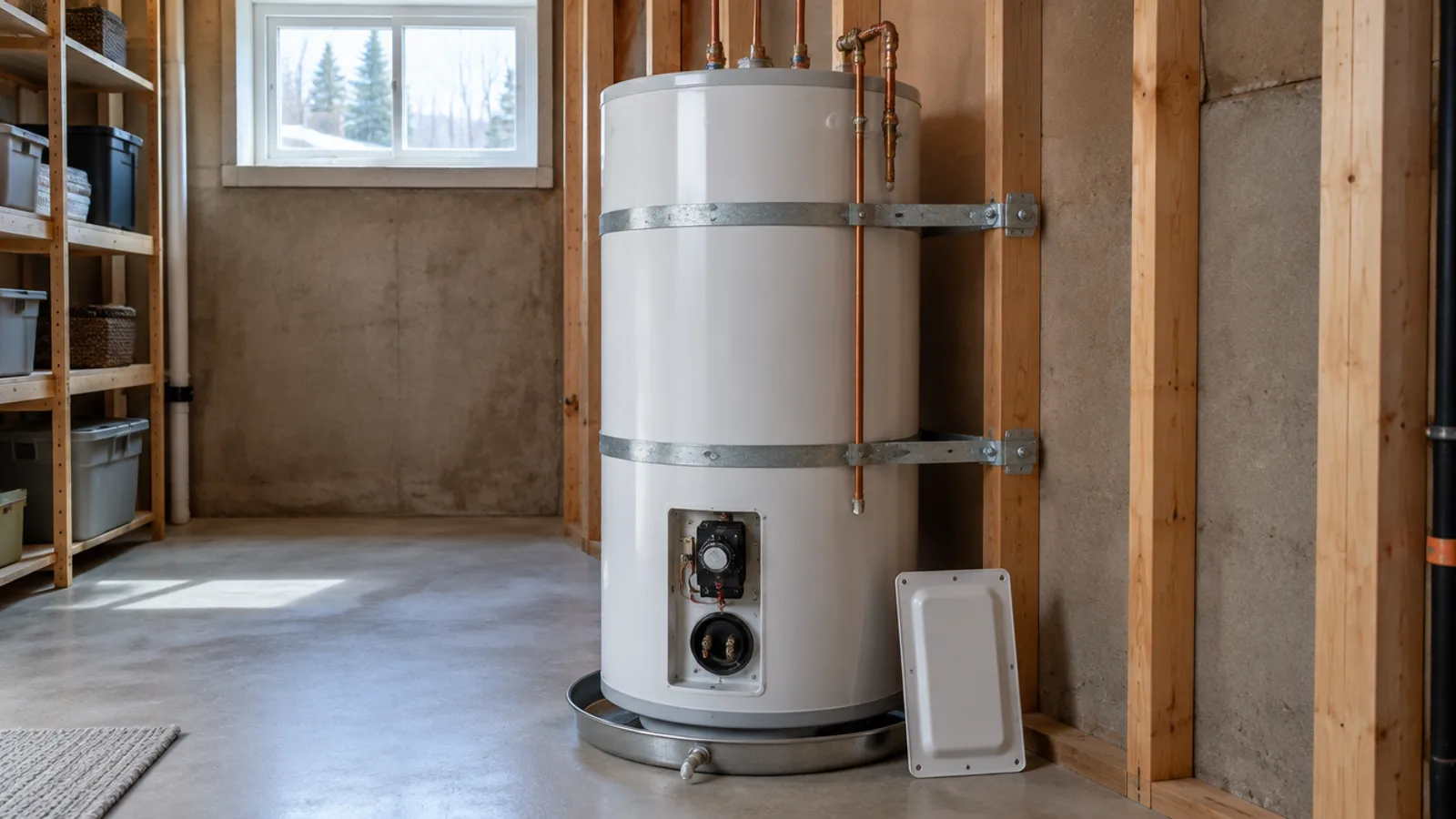 Electric hot water tank in a Burnaby utility room with the access panel removed, showing the thermostat and heating element behind the cover plate