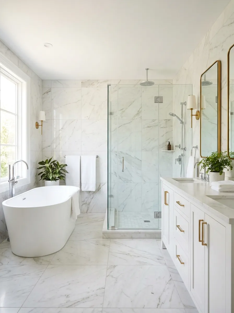 Renovated bathroom with a freestanding tub and a glass shower