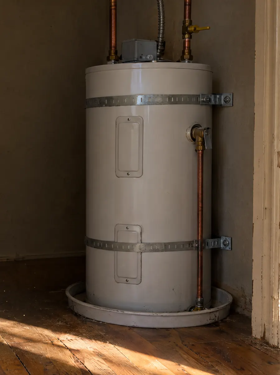 Electric hot water tank installed in a utility closet with seismic straps and new copper lines